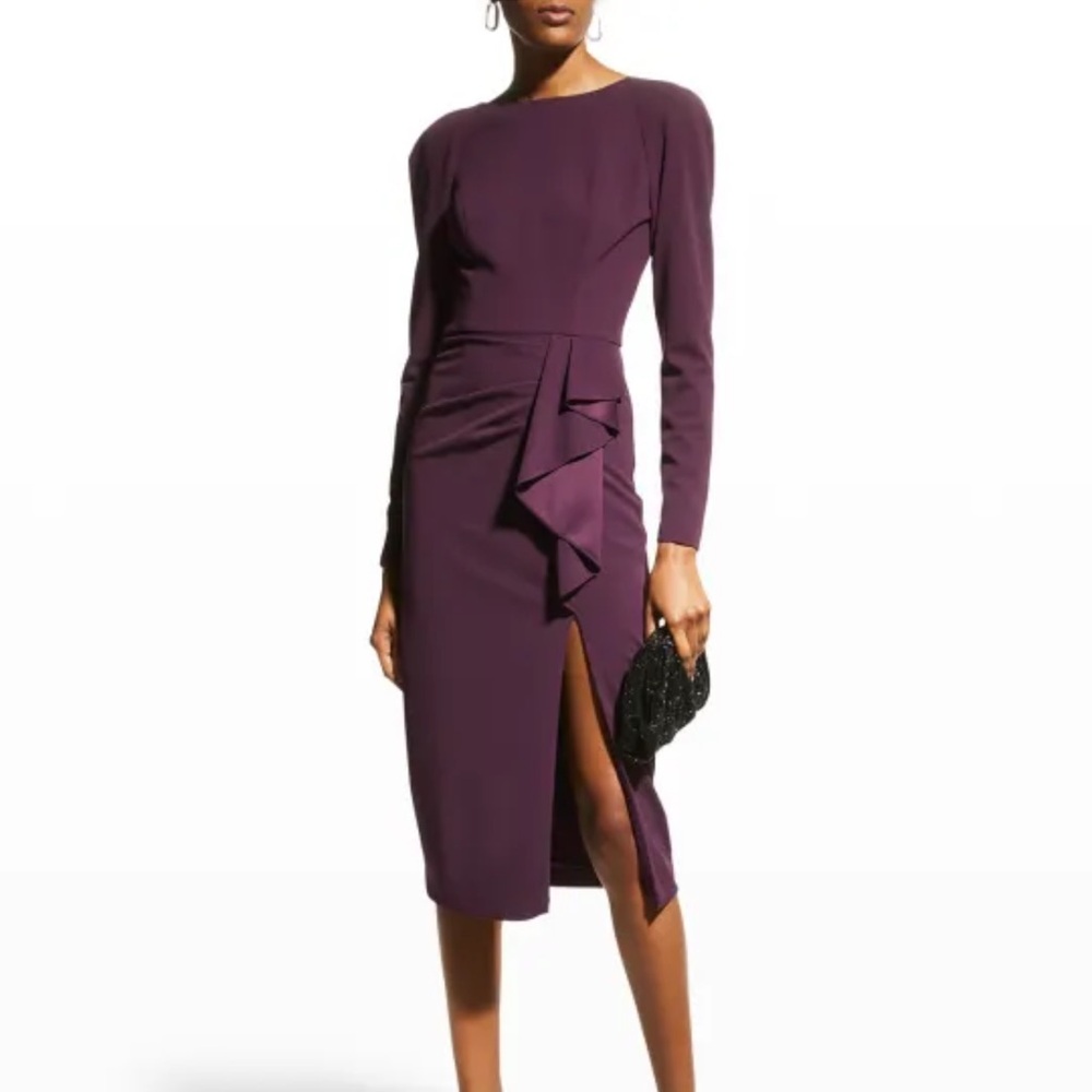 Dress The Population NWT Long-Sleeve Purple Sheath Dress with Side Ruffle M